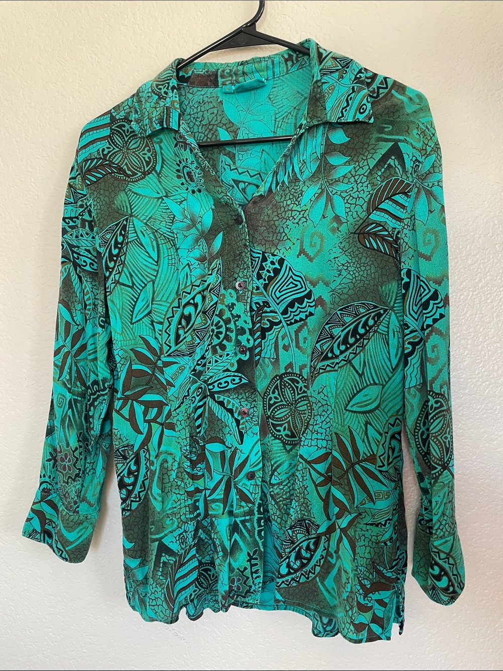 Tianello Teal & Brown Printed Button-Down Blouse